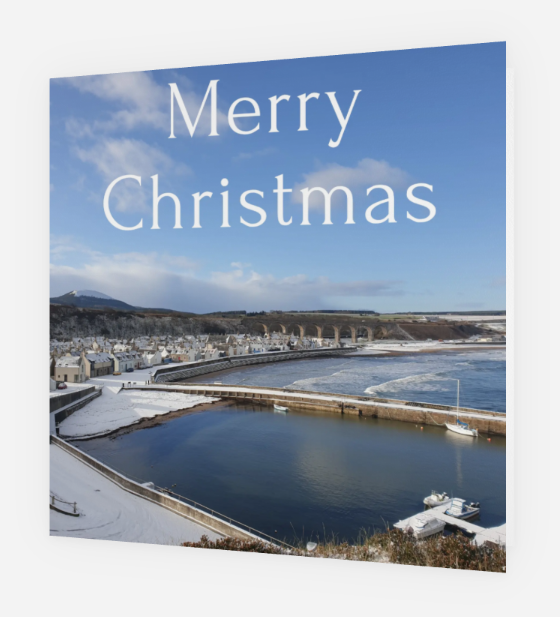 Cullen Christmas Card design showing harbour, Seatown and Bin Hill