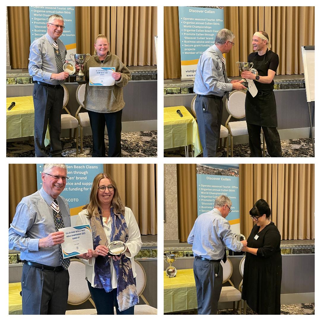 Photo montage of four images with Andrew Simpson, Lord Lieutenant of Banffshire with the four Cullen Skink World Champion Award Winners.